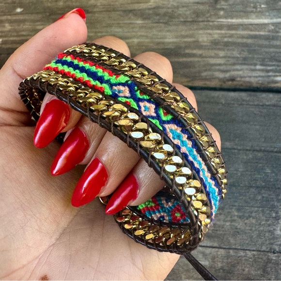 NWOT✨ Boho Western Colorful Macrame Gold Chain & Leather Friendship Bracelet - Picture 3 of 16